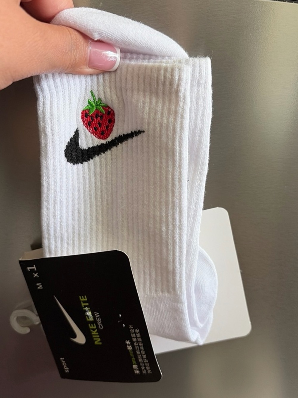 Nike White Crew Socks with Embroidered Strawberry and Black Swoosh